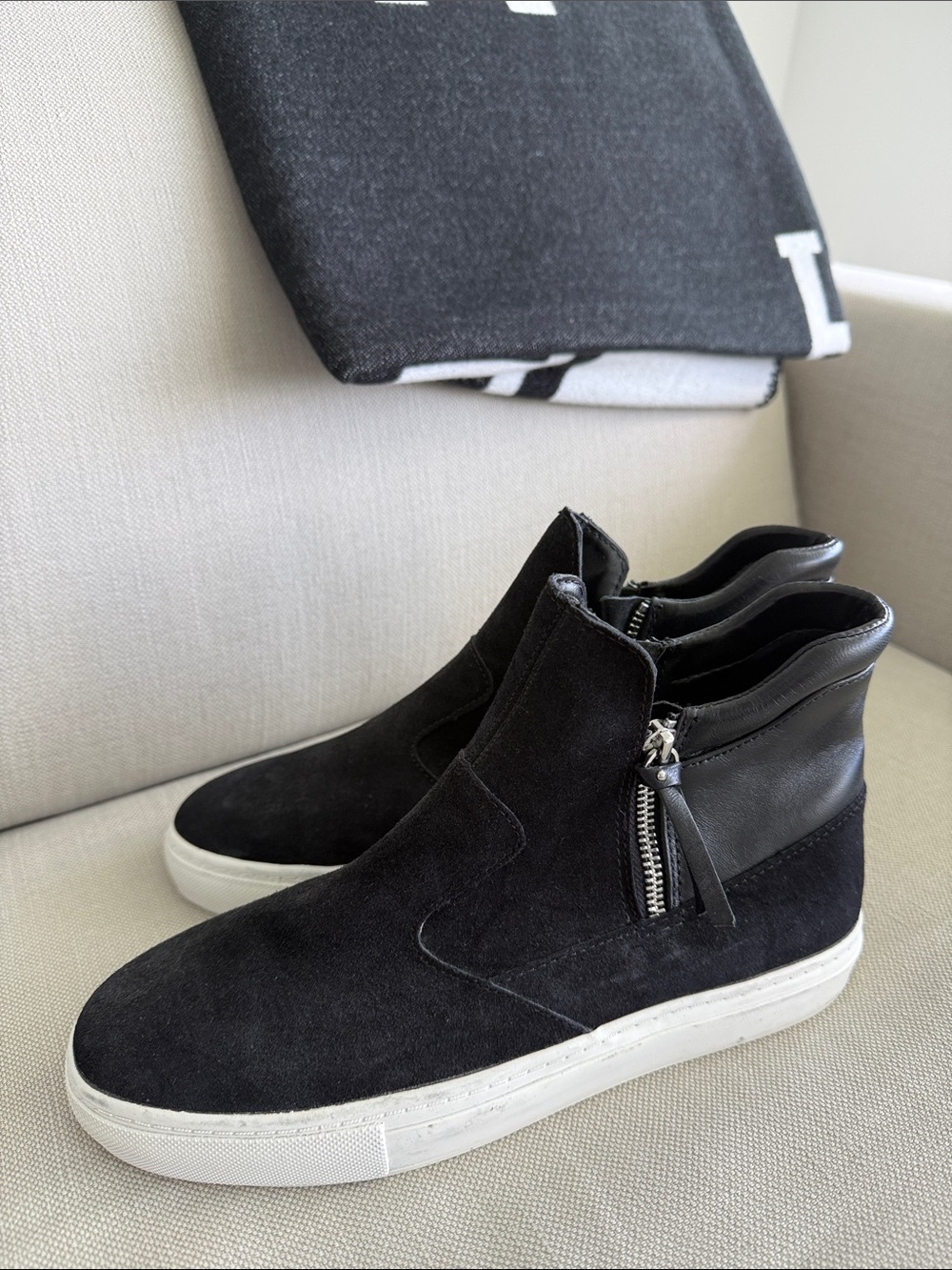 Zara Black Suede & Leather Wedge Sock Ankle Boots with White Sole